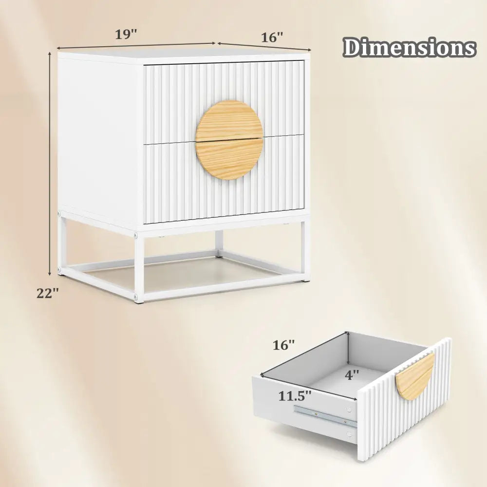 Modern Mid Century Fluted Nightstand with 2 Drawers and Pine Wood Handles for Bedroom-White - White - Nightstands