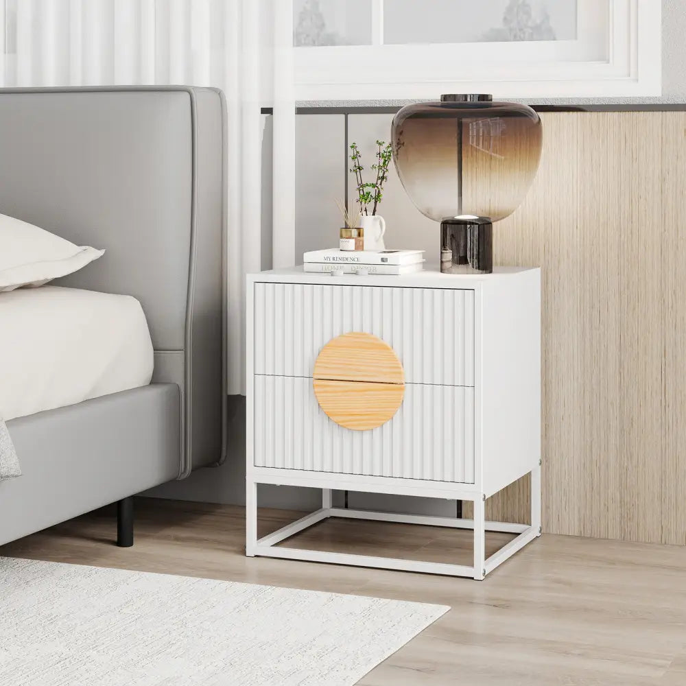 Modern Mid Century Fluted Nightstand with 2 Drawers and Pine Wood Handles for Bedroom-White - White - Nightstands