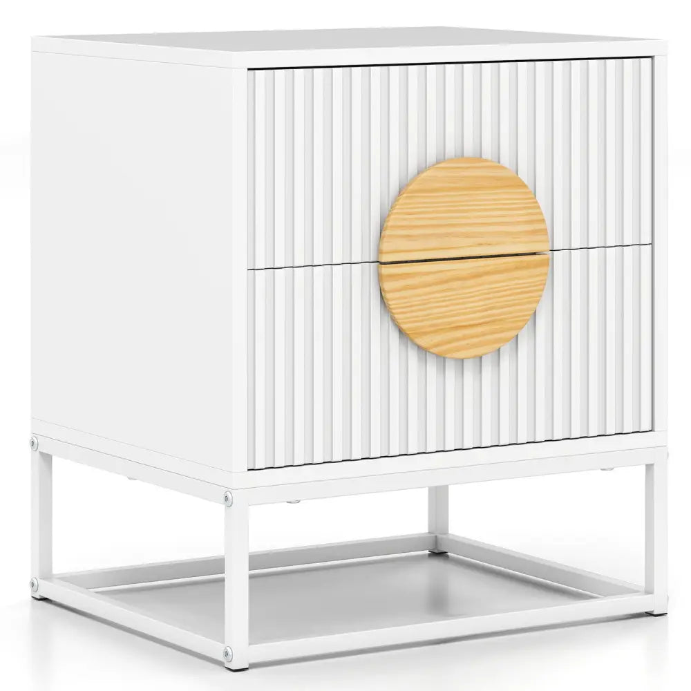 Modern Mid Century Fluted Nightstand with 2 Drawers and Pine Wood Handles for Bedroom-White - White - Nightstands