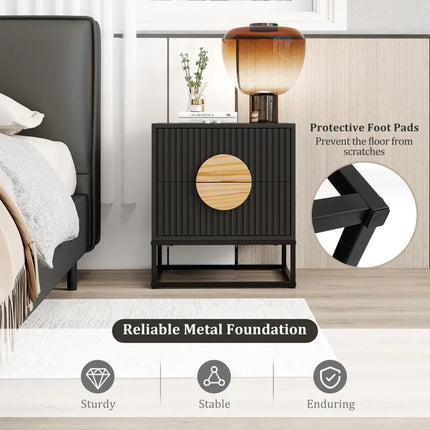 Modern Mid Century Fluted Nightstand with 2 Drawers and Pine Wood Handles for Bedroom-Black - Black - Nightstands