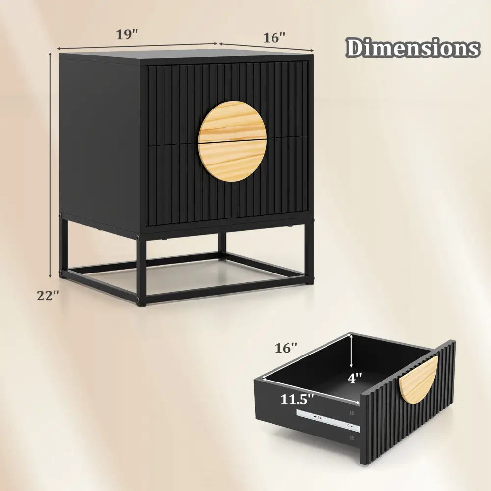 Modern Mid Century Fluted Nightstand with 2 Drawers and Pine Wood Handles for Bedroom-Black - Black - Nightstands