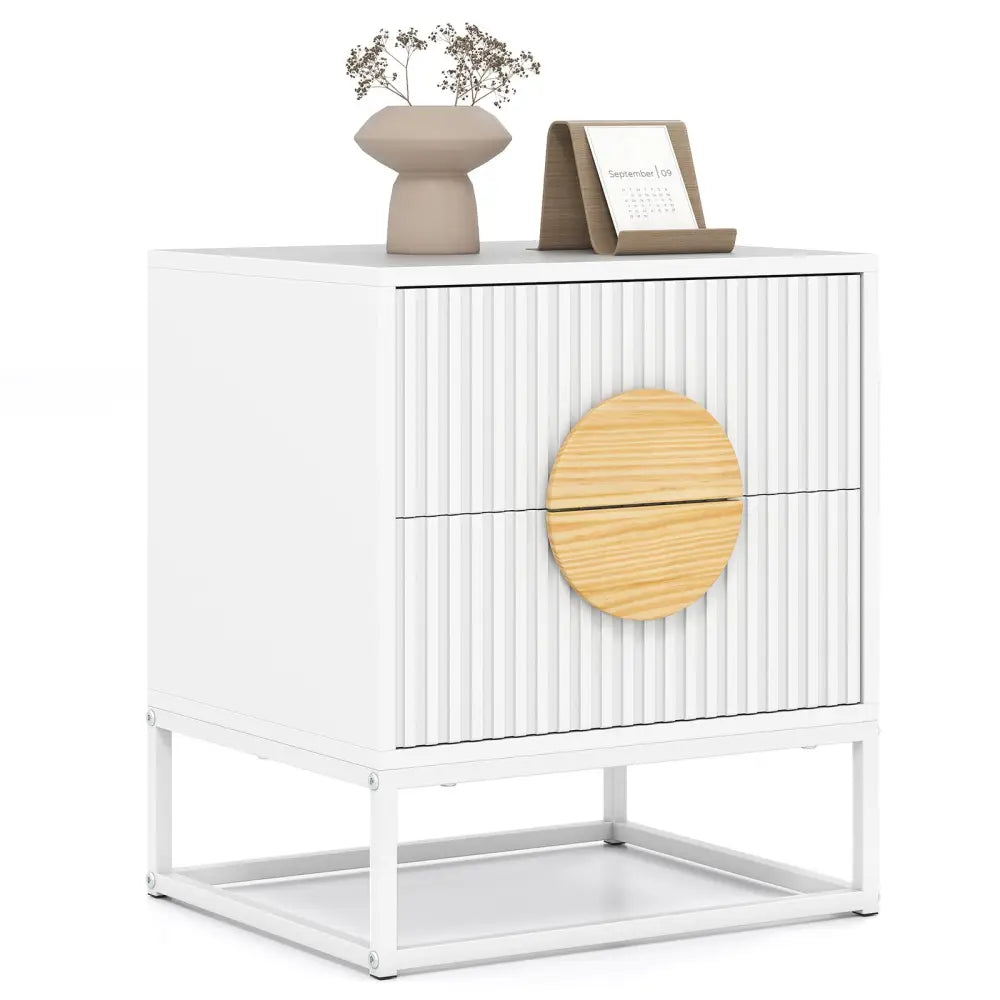 Modern Mid Century Fluted Nightstand with 2 Drawers and Pine Wood Handles for Bedroom-White - White - Nightstands