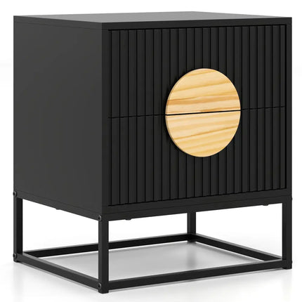 Modern Mid Century Fluted Nightstand with 2 Drawers and Pine Wood Handles for Bedroom-Black - Black - Nightstands