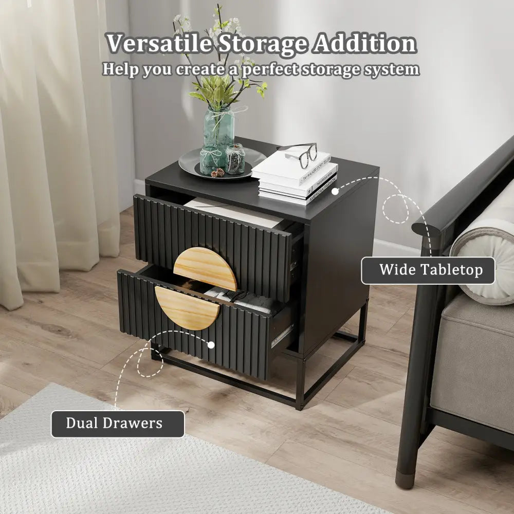 Modern Mid Century Fluted Nightstand with 2 Drawers and Pine Wood Handles for Bedroom-Black - Black - Nightstands