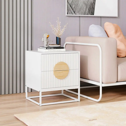Modern Mid Century Fluted Nightstand with 2 Drawers and Pine Wood Handles for Bedroom-White - White - Nightstands