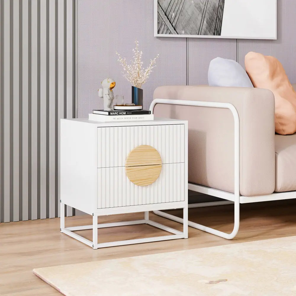 Modern Mid Century Fluted Nightstand with 2 Drawers and Pine Wood Handles for Bedroom-White - White - Nightstands