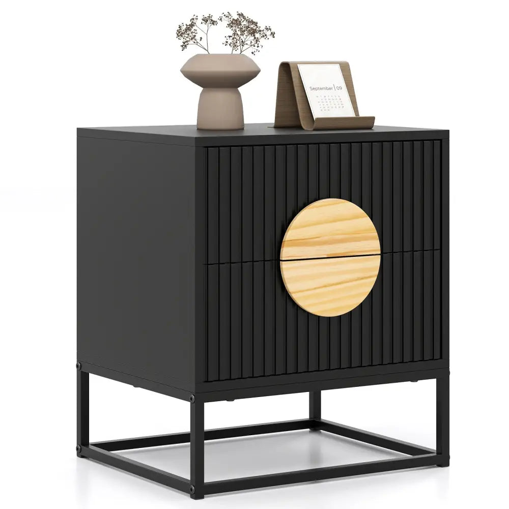 Modern Mid Century Fluted Nightstand with 2 Drawers and Pine Wood Handles for Bedroom-Black - Black - Nightstands