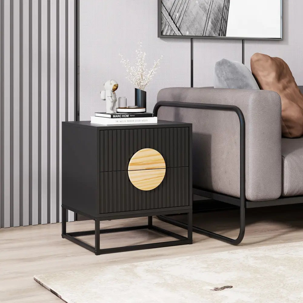 Modern Mid Century Fluted Nightstand with 2 Drawers and Pine Wood Handles for Bedroom-Black - Black - Nightstands