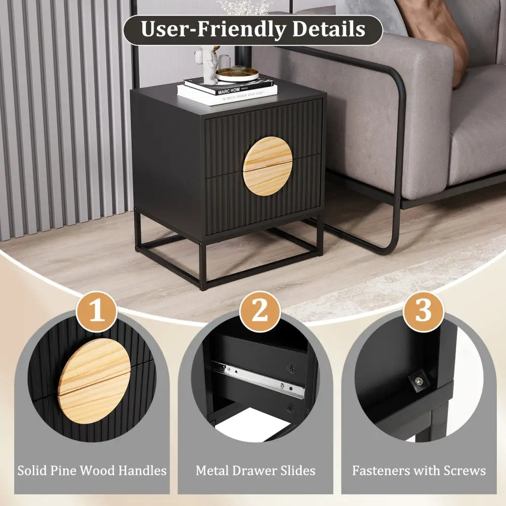 Modern Mid Century Fluted Nightstand with 2 Drawers and Pine Wood Handles for Bedroom-Black - Black - Nightstands
