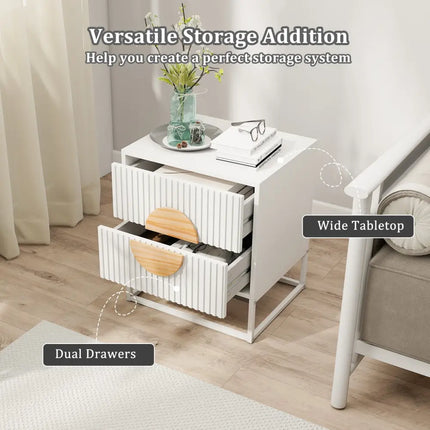 Modern Mid Century Fluted Nightstand with 2 Drawers and Pine Wood Handles for Bedroom-White - White - Nightstands