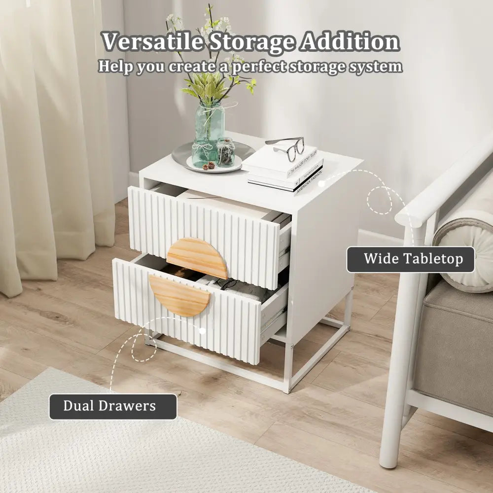 Modern Mid Century Fluted Nightstand with 2 Drawers and Pine Wood Handles for Bedroom-White - White - Nightstands