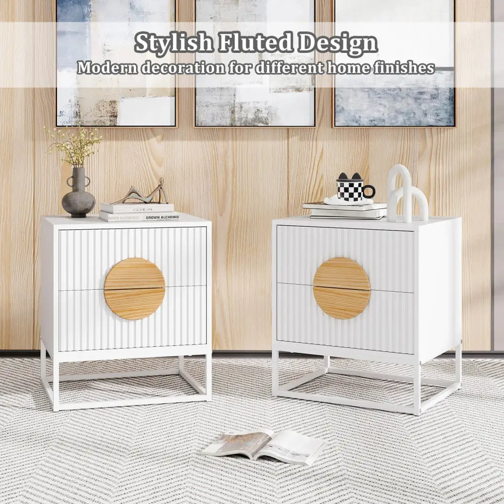 Modern Mid Century Fluted Nightstand with 2 Drawers and Pine Wood Handles for Bedroom-White - White - Nightstands