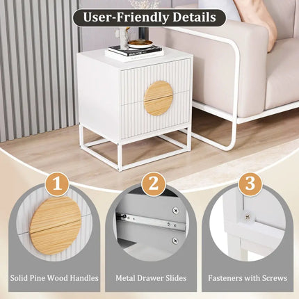 Modern Mid Century Fluted Nightstand with 2 Drawers and Pine Wood Handles for Bedroom-White - White - Nightstands