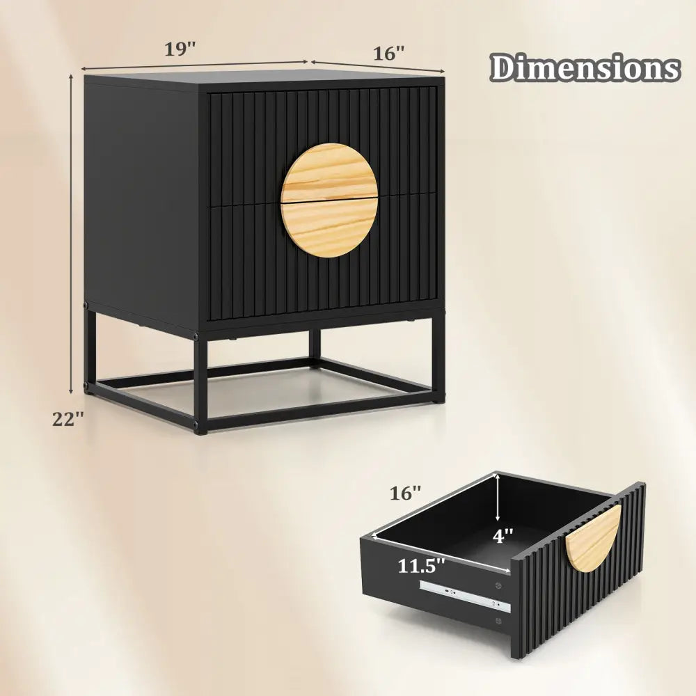 Modern Mid Century Fluted Nightstand with 2 Drawers and Pine Wood Handles for Bedroom-Black - Black - Nightstands