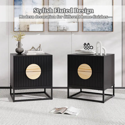 Modern Mid Century Fluted Nightstand with 2 Drawers and Pine Wood Handles for Bedroom-Black - Black - Nightstands