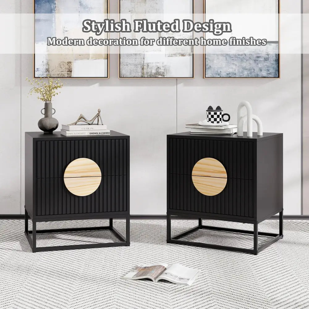 Modern Mid Century Fluted Nightstand with 2 Drawers and Pine Wood Handles for Bedroom-Black - Black - Nightstands