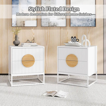 Modern Mid Century Fluted Nightstand with 2 Drawers and Pine Wood Handles for Bedroom-White - White - Nightstands