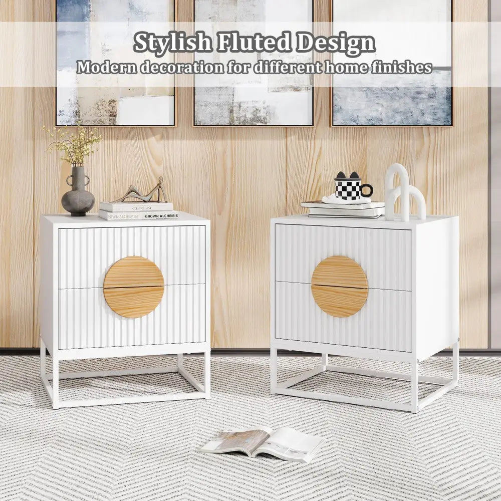 Modern Mid Century Fluted Nightstand with 2 Drawers and Pine Wood Handles for Bedroom-White - White - Nightstands