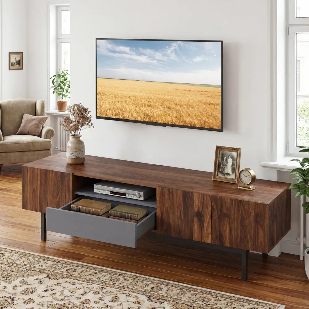 Modern Mid Century TV Cabinetfor TVs up to 82’’ with Drawer-Walnut - Walnut - Entertainment Centers & TV Stands