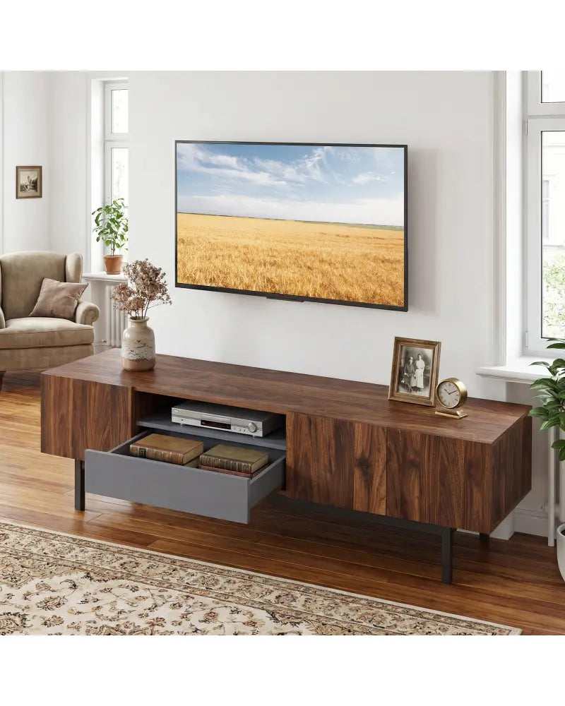 Modern Mid Century TV Cabinetfor TVs up to 82’’ with Drawer-Walnut - Walnut - Entertainment Centers & TV Stands