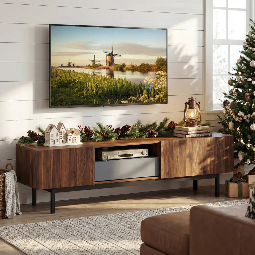 Modern Mid Century TV Cabinetfor TVs up to 82’’ with Drawer-Walnut - Walnut - Entertainment Centers & TV Stands
