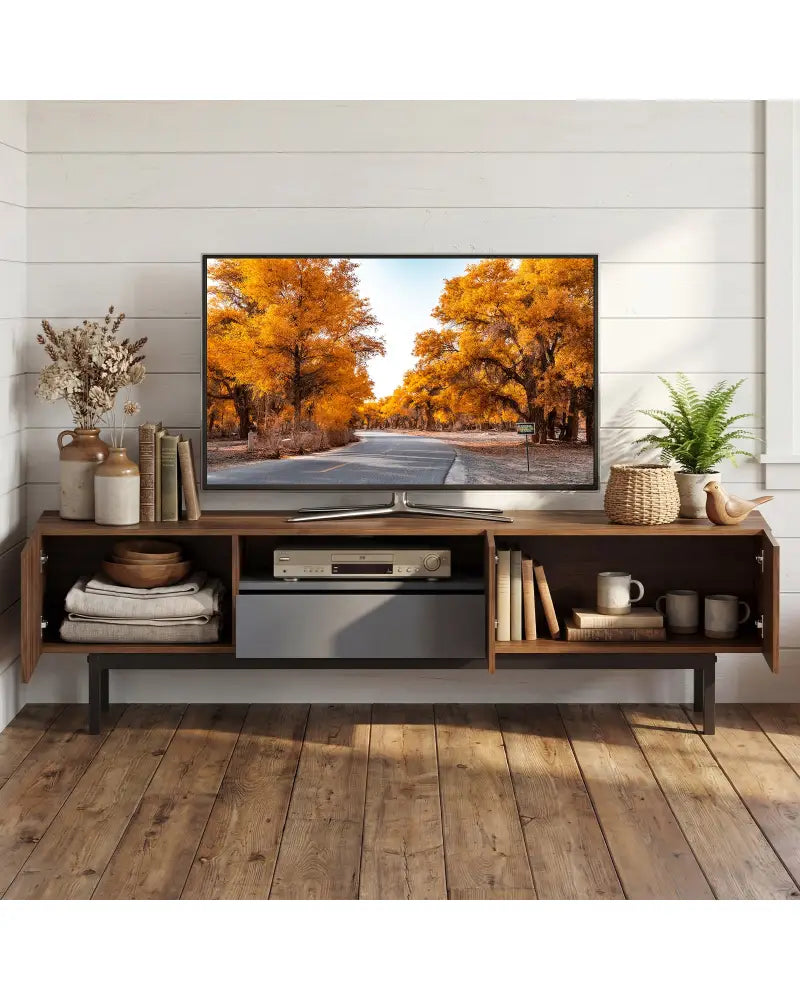 Modern Mid Century TV Cabinetfor TVs up to 82’’ with Drawer-Walnut - Walnut - Entertainment Centers & TV Stands