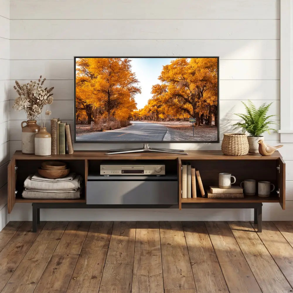Modern Mid Century TV Cabinetfor TVs up to 82’’ with Drawer-Walnut - Walnut - Entertainment Centers & TV Stands