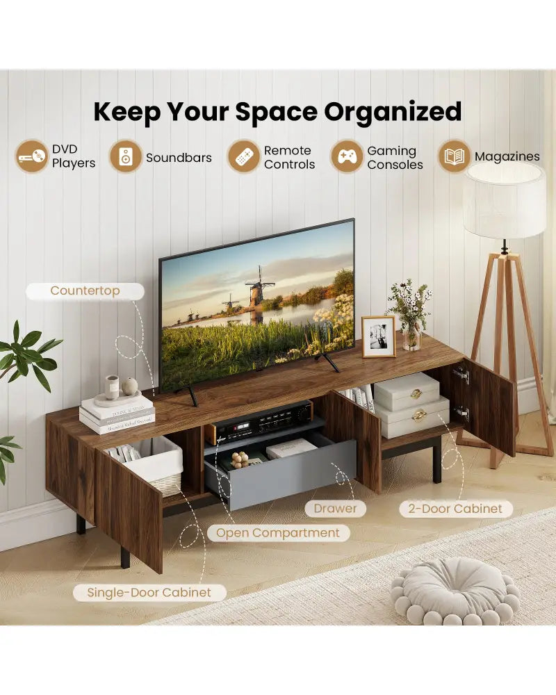 Modern Mid Century TV Cabinetfor TVs up to 82’’ with Drawer-Walnut - Walnut - Entertainment Centers & TV Stands