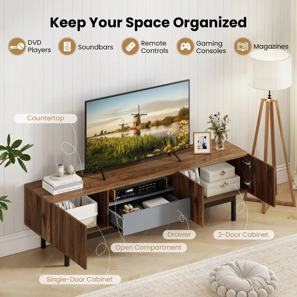 Modern Mid Century TV Cabinetfor TVs up to 82’’ with Drawer-Walnut - Walnut - Entertainment Centers & TV Stands