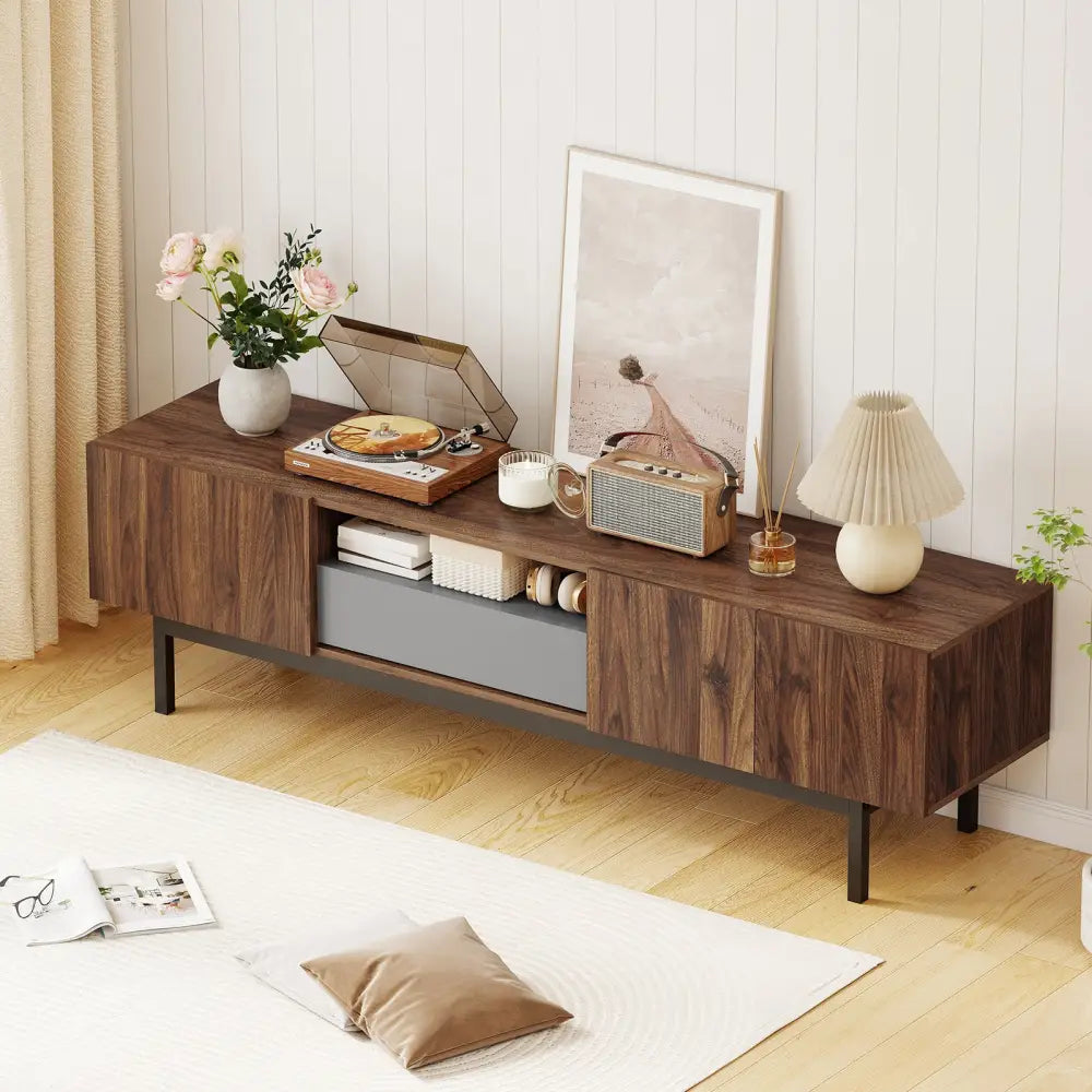 Modern Mid Century TV Cabinetfor TVs up to 82’’ with Drawer-Walnut - Walnut - Entertainment Centers & TV Stands