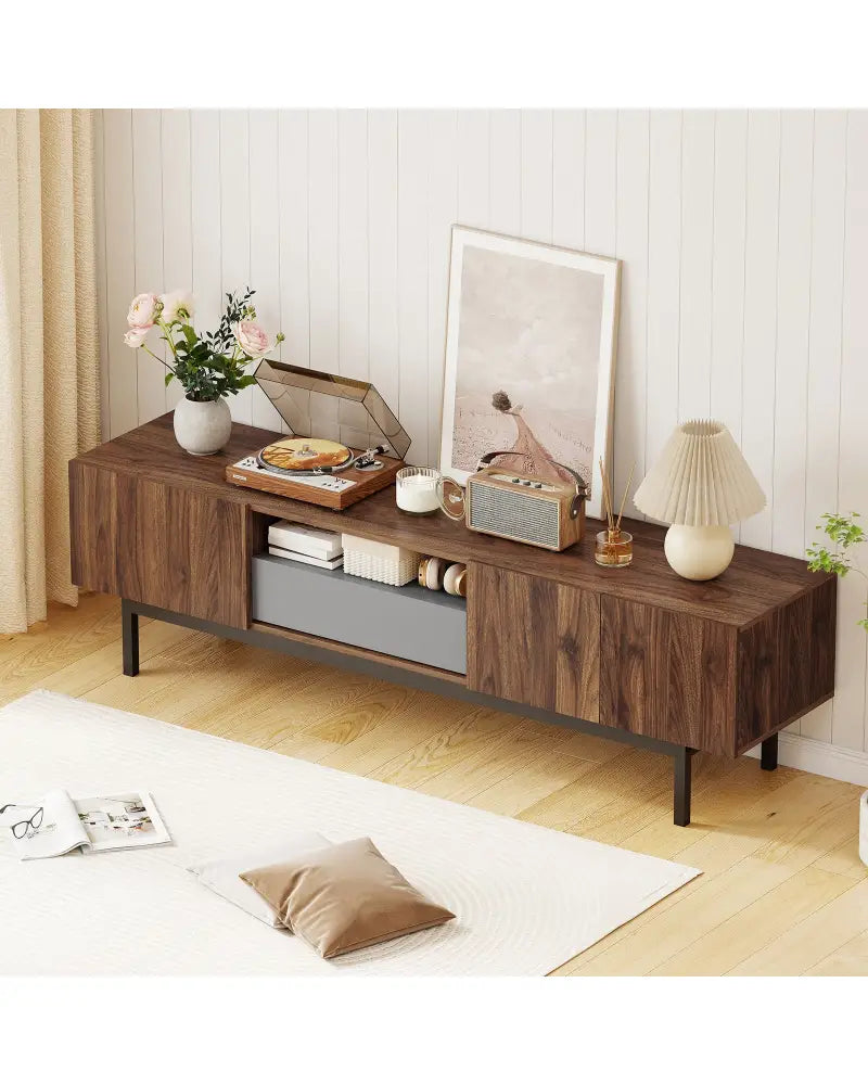 Modern Mid Century TV Cabinetfor TVs up to 82’’ with Drawer-Walnut - Walnut - Entertainment Centers & TV Stands