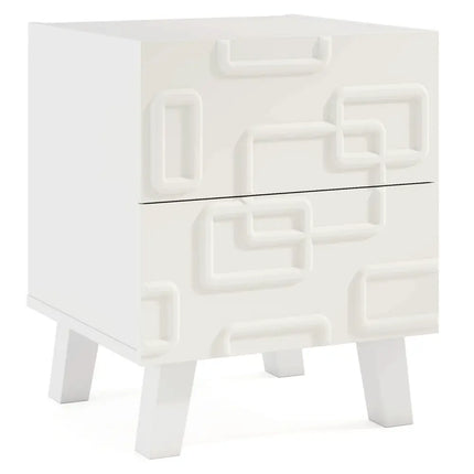 Modern Nightstand Side Table with Drawers and 3D Geometric Patterns-White - White - Nightstands