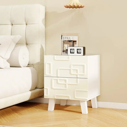 Modern Nightstand Side Table with Drawers and 3D Geometric Patterns-White - White - Nightstands