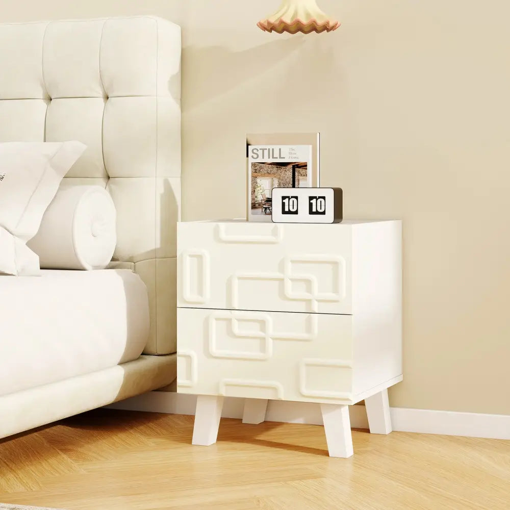 Modern Nightstand Side Table with Drawers and 3D Geometric Patterns-White - White - Nightstands