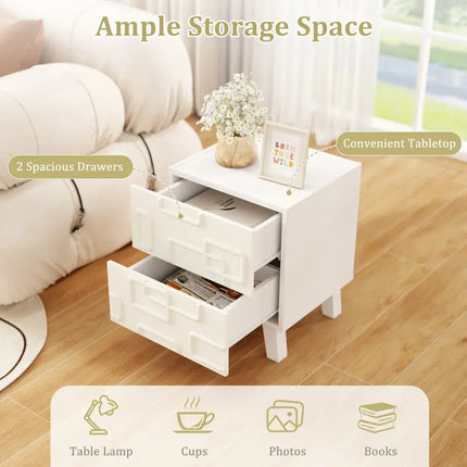 Modern Nightstand Side Table with Drawers and 3D Geometric Patterns-White - White - Nightstands