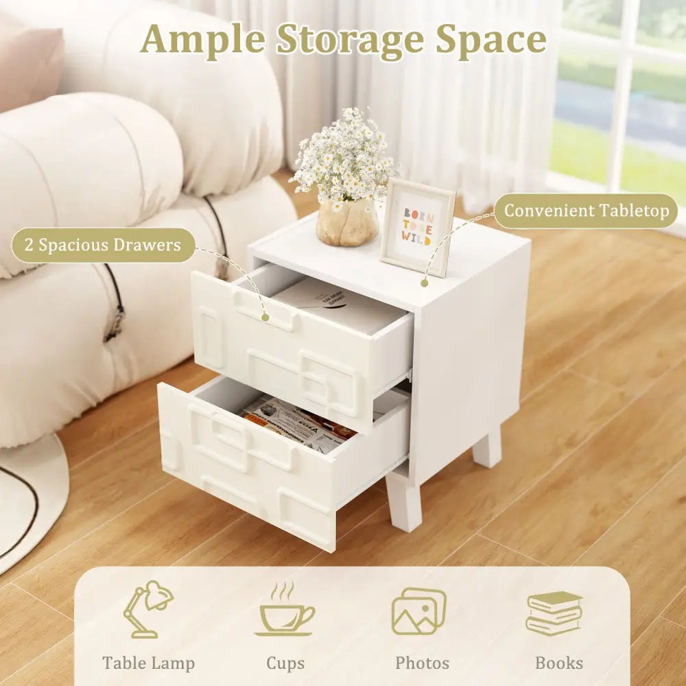 Modern Nightstand Side Table with Drawers and 3D Geometric Patterns-White - White - Nightstands
