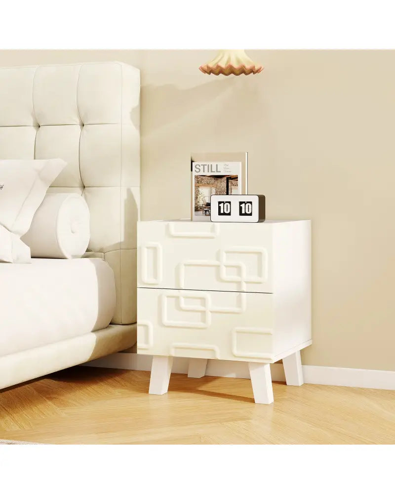 Modern Nightstand Side Table with Drawers and 3D Geometric Patterns-White - White - Nightstands