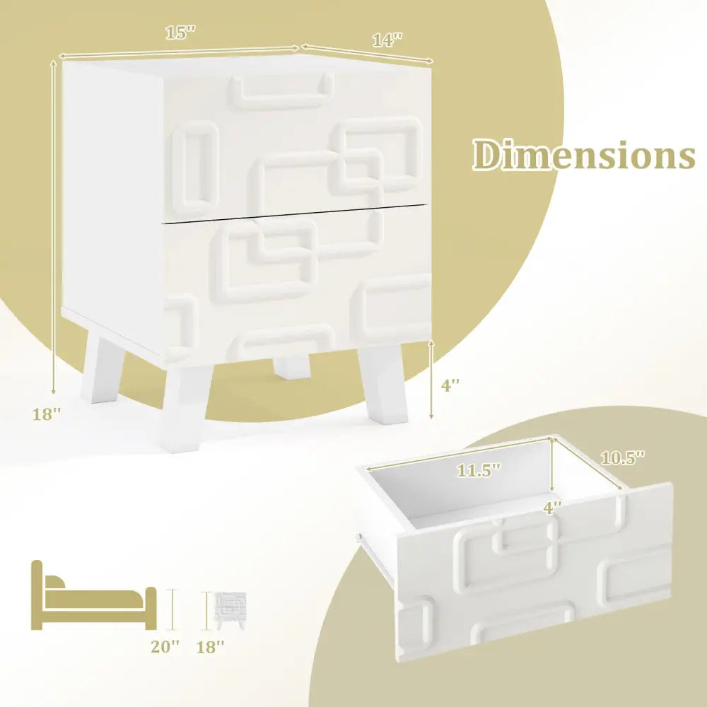 Modern Nightstand Side Table with Drawers and 3D Geometric Patterns-White - White - Nightstands