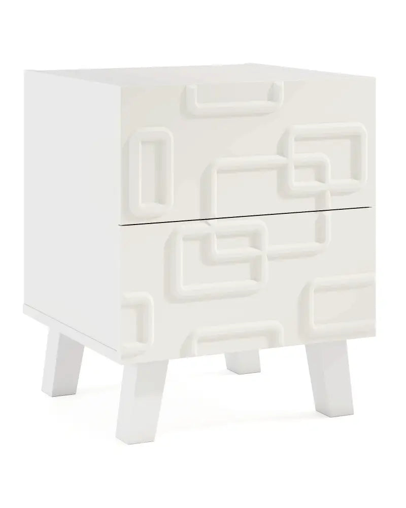 Modern Nightstand Side Table with Drawers and 3D Geometric Patterns-White - White - Nightstands