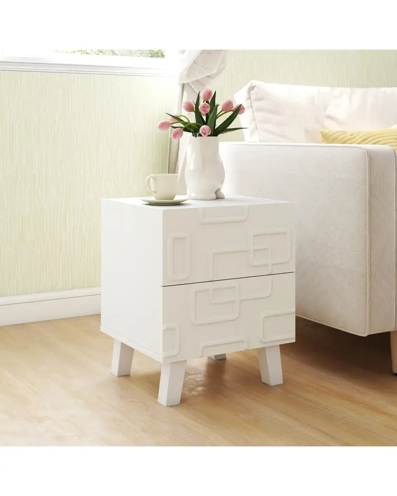 Modern Nightstand Side Table with Drawers and 3D Geometric Patterns-White - White - Nightstands