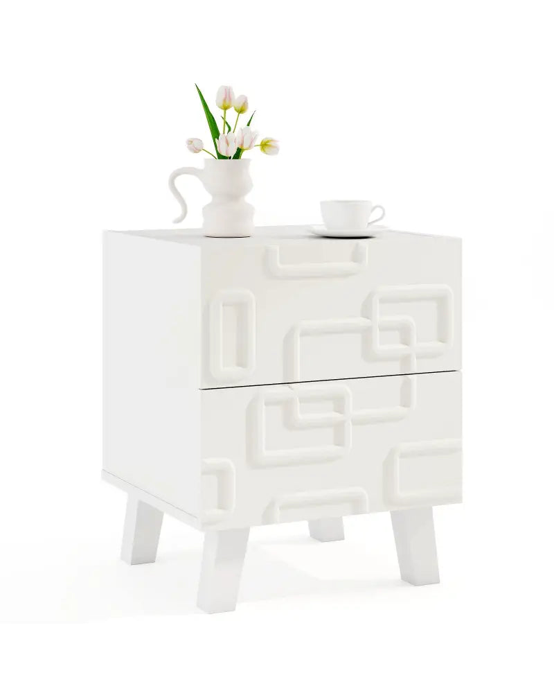 Modern Nightstand Side Table with Drawers and 3D Geometric Patterns-White - White - Nightstands