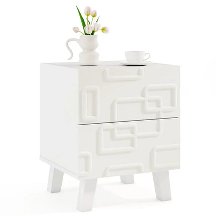 Modern Nightstand Side Table with Drawers and 3D Geometric Patterns-White - White - Nightstands