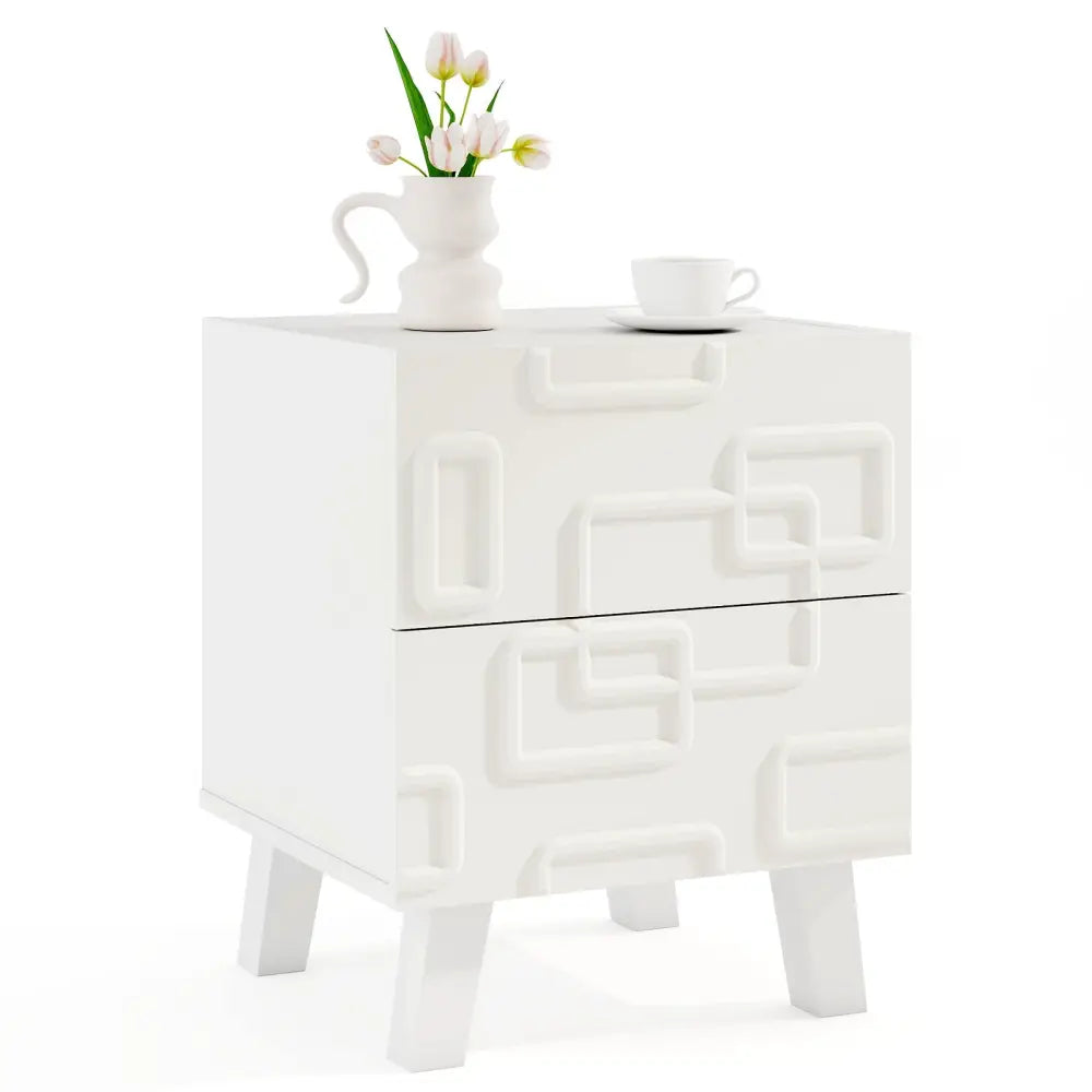 Modern Nightstand Side Table with Drawers and 3D Geometric Patterns-White - White - Nightstands