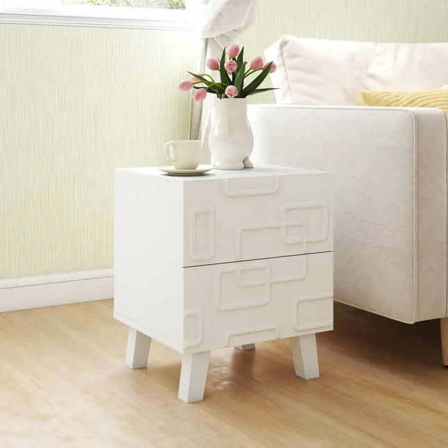 Modern Nightstand Side Table with Drawers and 3D Geometric Patterns-White - White - Nightstands