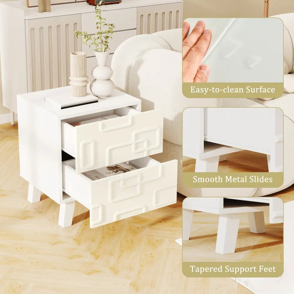 Modern Nightstand Side Table with Drawers and 3D Geometric Patterns-White - White - Nightstands