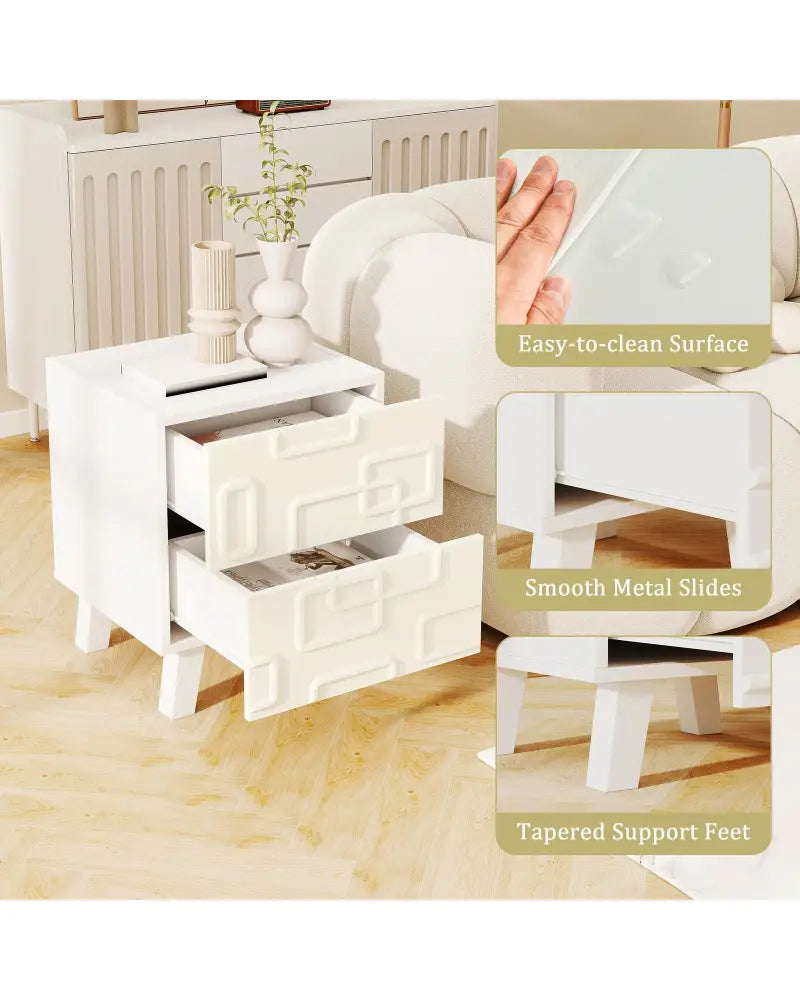 Modern Nightstand Side Table with Drawers and 3D Geometric Patterns-White - White - Nightstands