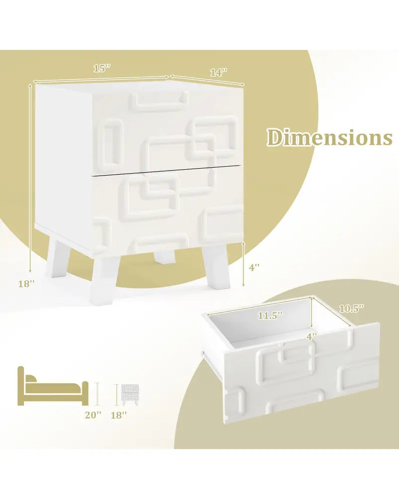 Modern Nightstand Side Table with Drawers and 3D Geometric Patterns-White - White - Nightstands