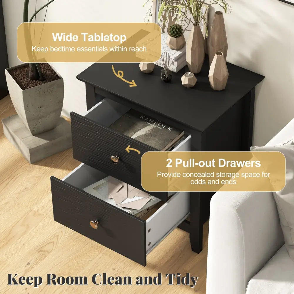 Modern Nightstand with 2 Drawers for Small Spaces-Black - Black - Nightstands