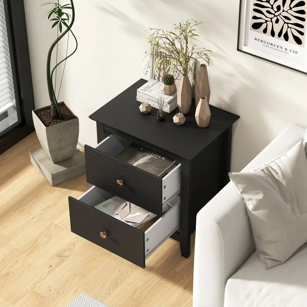 Modern Nightstand with 2 Drawers for Small Spaces-Black - Black - Nightstands