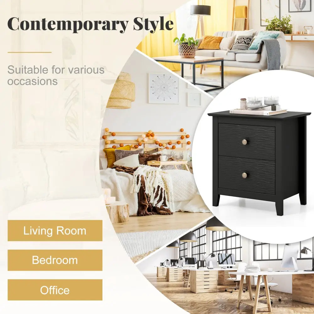 Modern Nightstand with 2 Drawers for Small Spaces-Black - Black - Nightstands